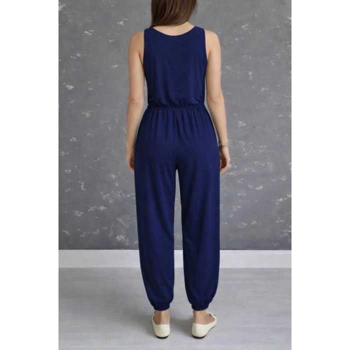 Kadın Askılı Yuvarlak Yakalı Cepli Viskon Tulum