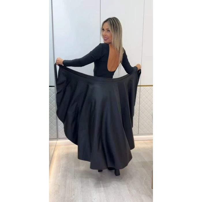 Kadın Belden Kuşaklı Uzun Deri Etek