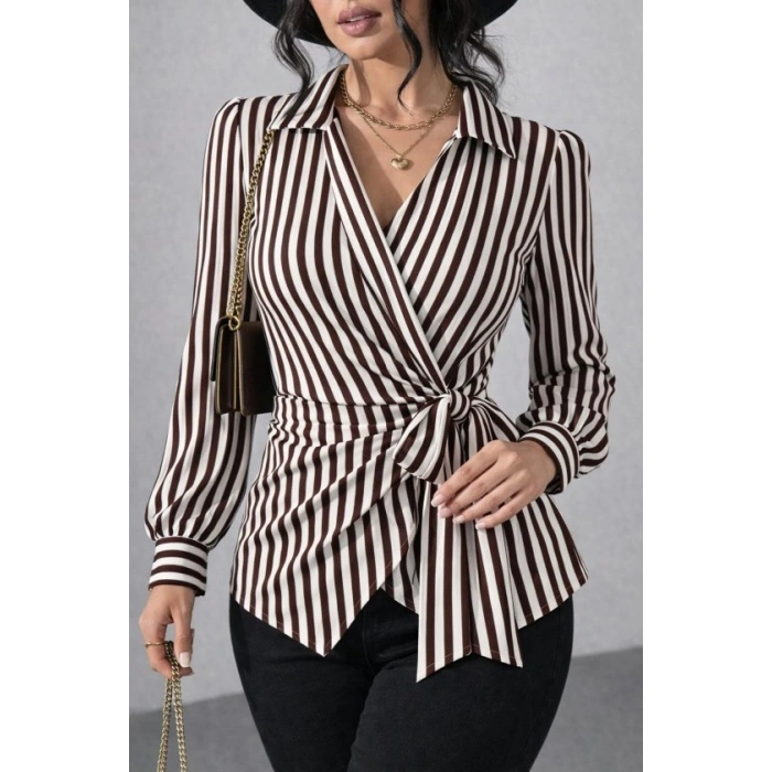 Kadın çizgili Kruvaze Bağlamalı Gömlek