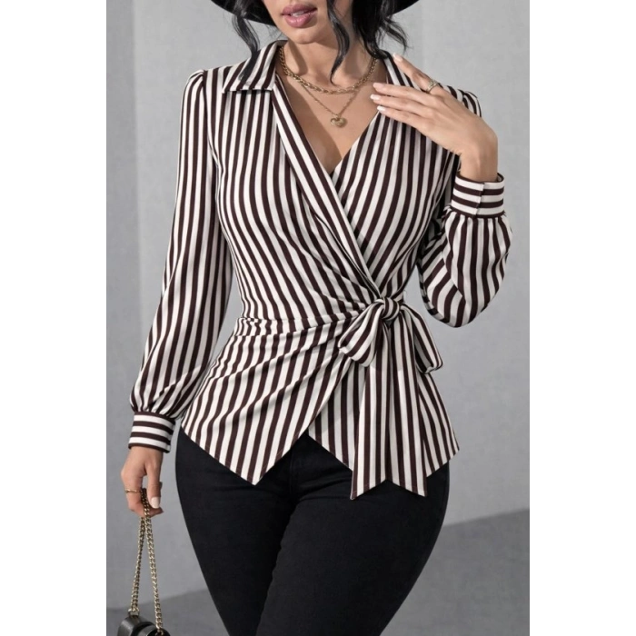 Kadın çizgili Kruvaze Bağlamalı Gömlek