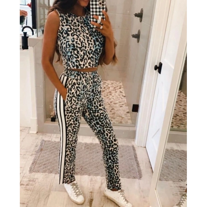 Kadın Dalgıç Kumaş Dijital Leopar Baskılı şerit Detaylı Takım