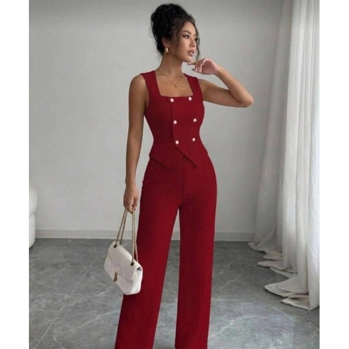 Kadın Düğmeli Bürümcük Kumaş Takım