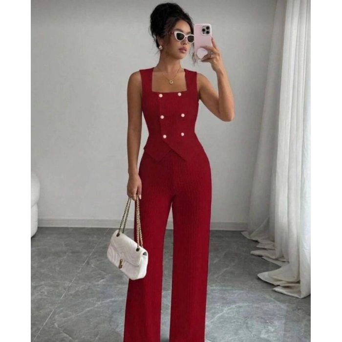 Kadın Düğmeli Bürümcük Kumaş Takım