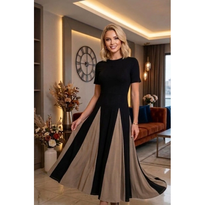 Kadın Eteği Parçalı Kısa Kol Maxi Elbise