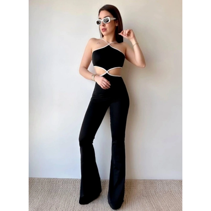 Kadın Halter Yaka Bel Dokolteli Tulum