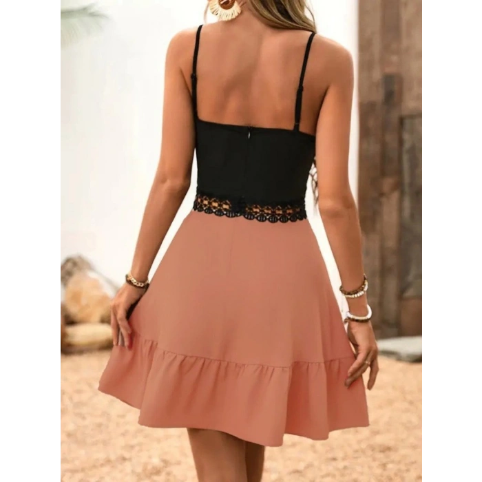 Kadın Ip Askılı Kruvaze Yaka Bel Dantel Ithal Krep Elbise