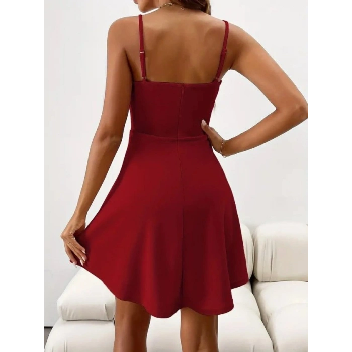 Kadın Ip Askılı Kruvaze Yakalı Kısa ıthal Krep Elbise