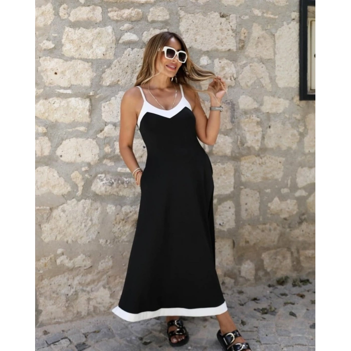 Kadın Ip Askılı V Yakalı çift Renkli Janjan Krep Elbise