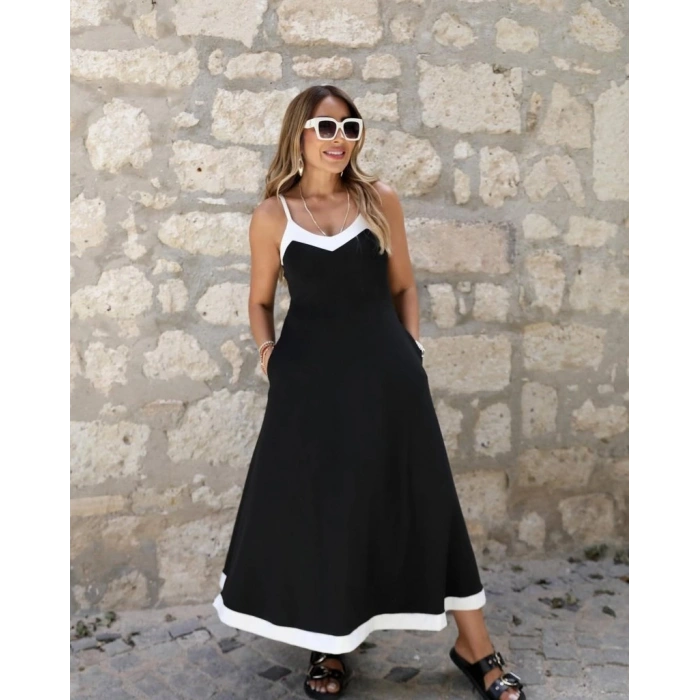 Kadın Ip Askılı V Yakalı çift Renkli Janjan Krep Elbise