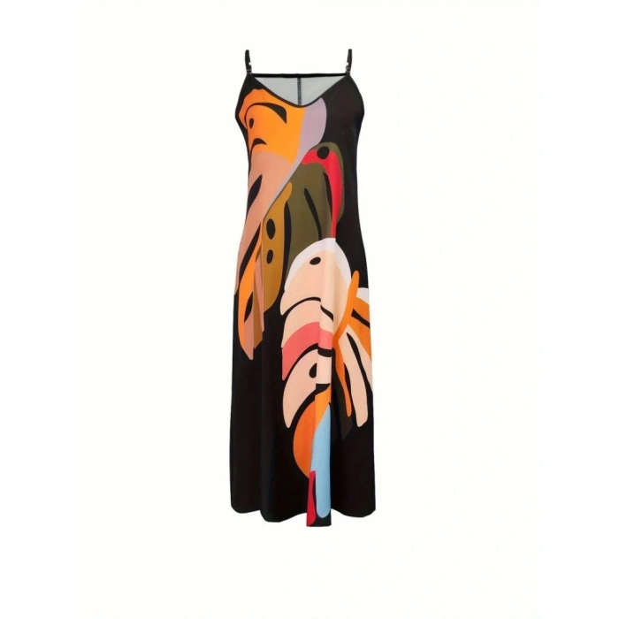 Kadın Ip Askılı V Yakalı Desenli Süprem Maxi Elbise