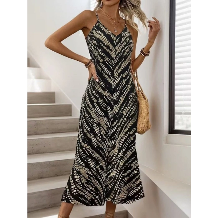 Kadın Ip Askılı V Yakalı Desenli Uzun Süprem Elbise