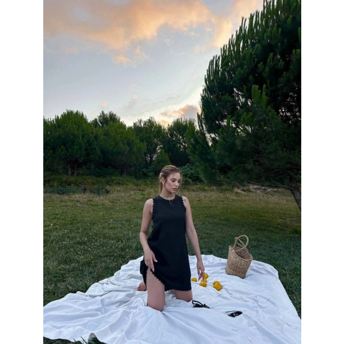 Kadın Keten Kumaş Kolsuz Mini Boy Elbise