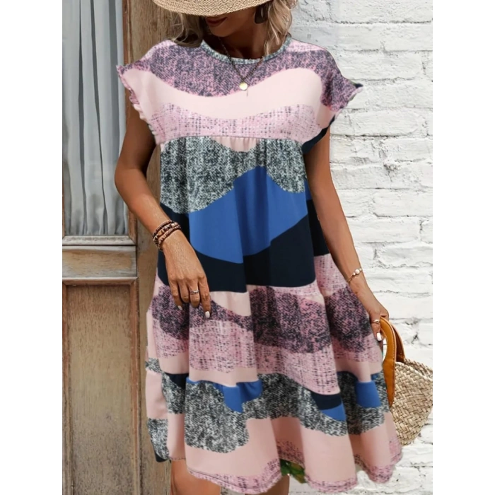 Kadın Kısa Kollu Bisiklet Yaka Kare Desenli Dalgıç Elbise