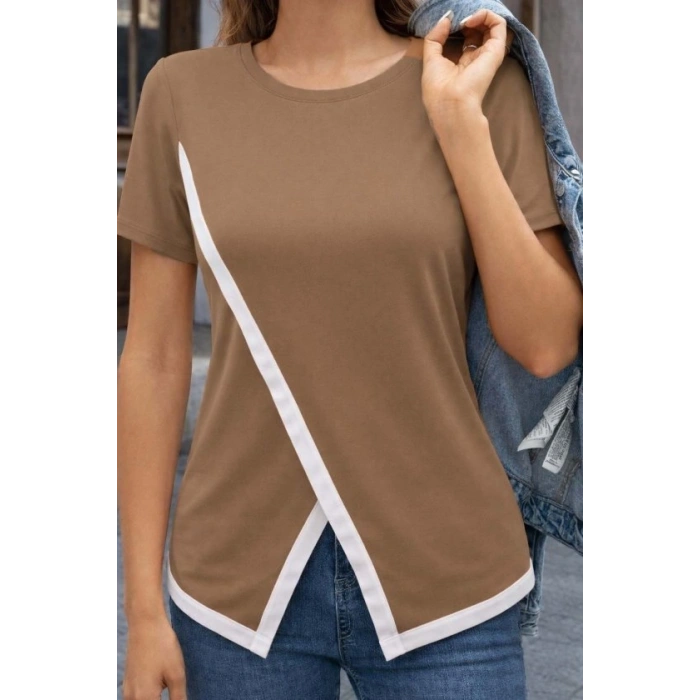 Kadın Kısa Kollu Bisiklet Yaka Viskon Bluz