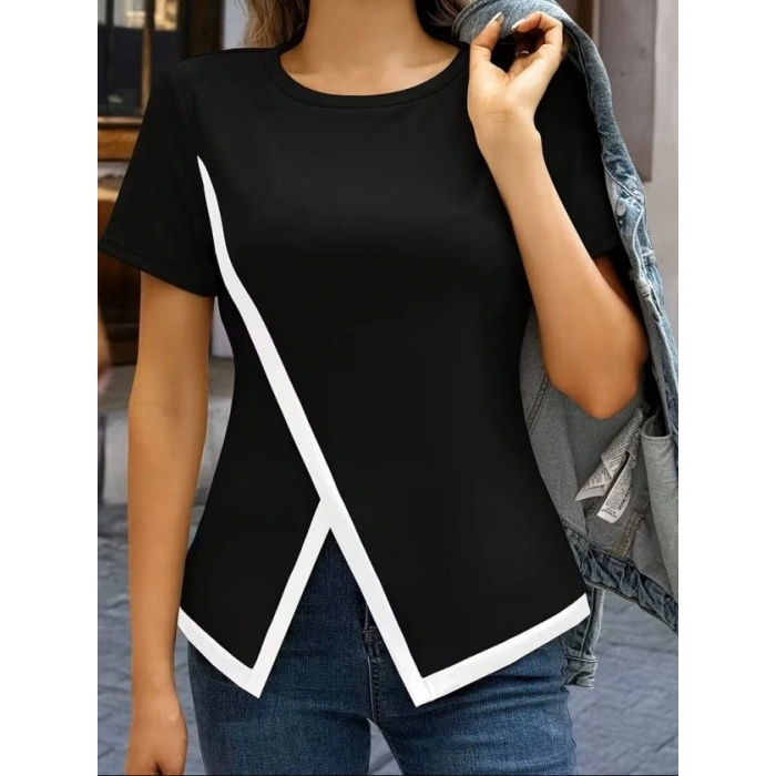 Kadın Kısa Kollu Bisiklet Yaka Viskon Bluz