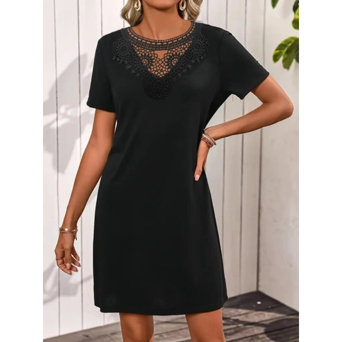 Kadın Kısa Kollu Dantel Yakalı Kısa Viskon Elbise