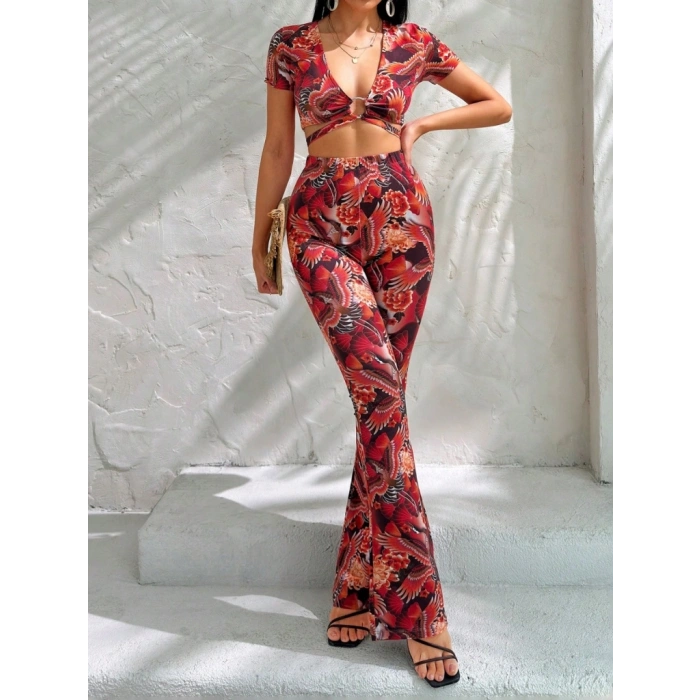 Kadın Kısa Kollu Desenli Takım