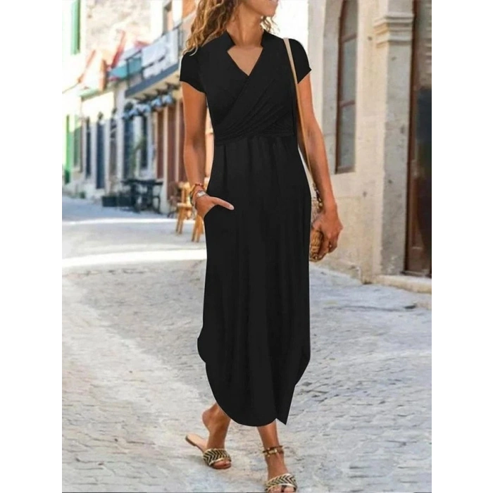 Kadın Kısa Kollu Hakim V Yaka Viskon Elbise