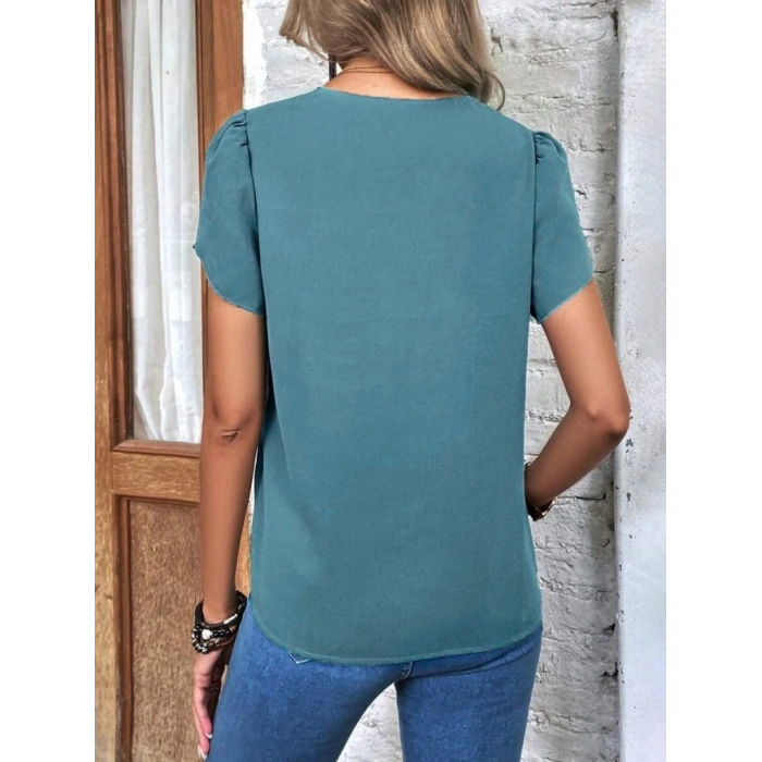 Kadın Kısa Kollu Lazer V Yakalı Ithal Krep Bluz