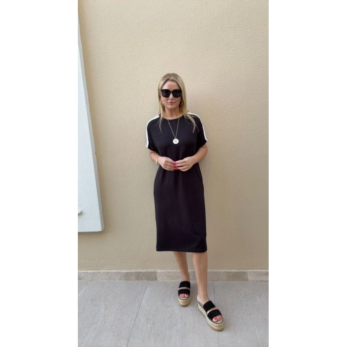 Kadın Kısa Kollu şerit Detay Midi Boy Elbise