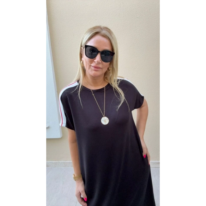 Kadın Kısa Kollu şerit Detay Midi Boy Elbise