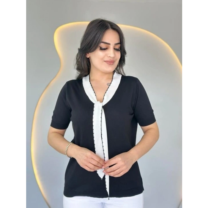 Kadın Kısa Kollu V Yaka Fular Detay Merserize Triko Bbluz