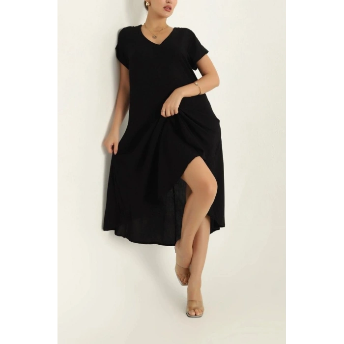 Kadın Kısa Kollu V Yaka Salaş Maxi Boy Elbise