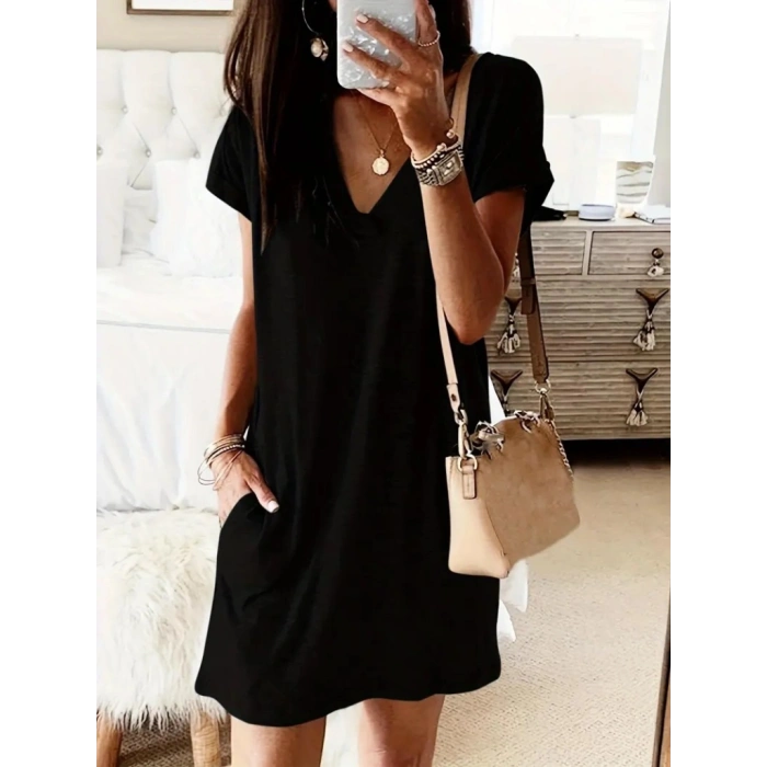 Kadın Kısa Kollu V Yakalı Cepli Kısa Viskon Elbise