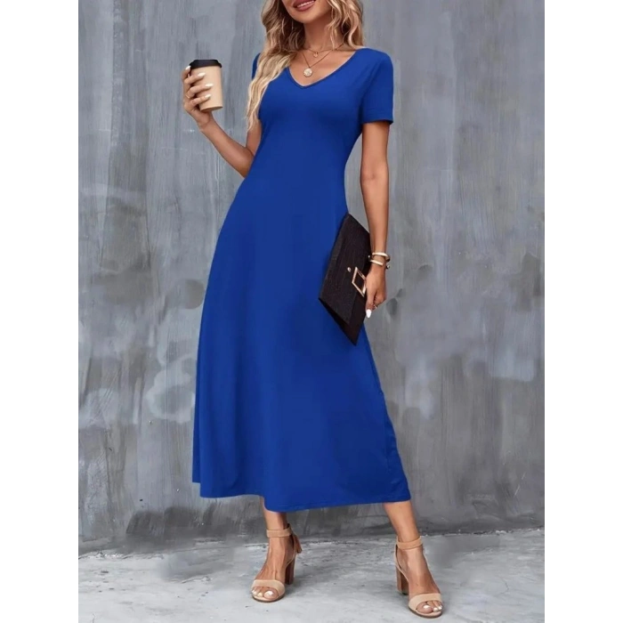 Kadın Kısa Kollu V Yakalı Cepli Viskon Elbise