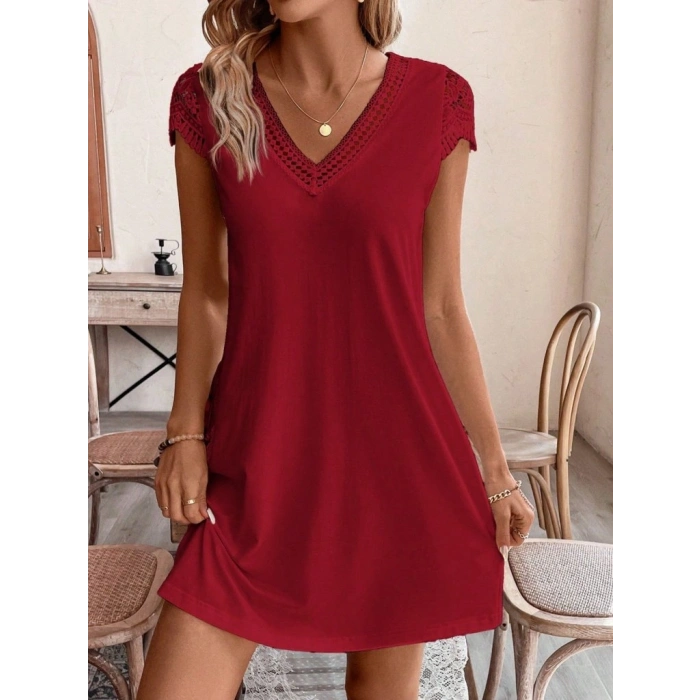 Kadın Kısa Kollu V Yakalı Viskon Elbise