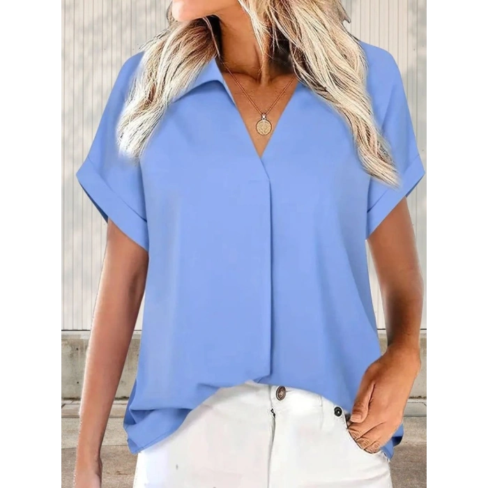 Kadın Kısa Kollu Yakalı Uzun Sandy Bluz