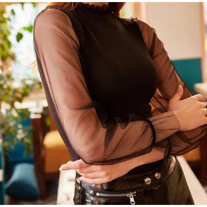 Kadın Kolları Tül Detaylı örme Krep Kumaş Bluz