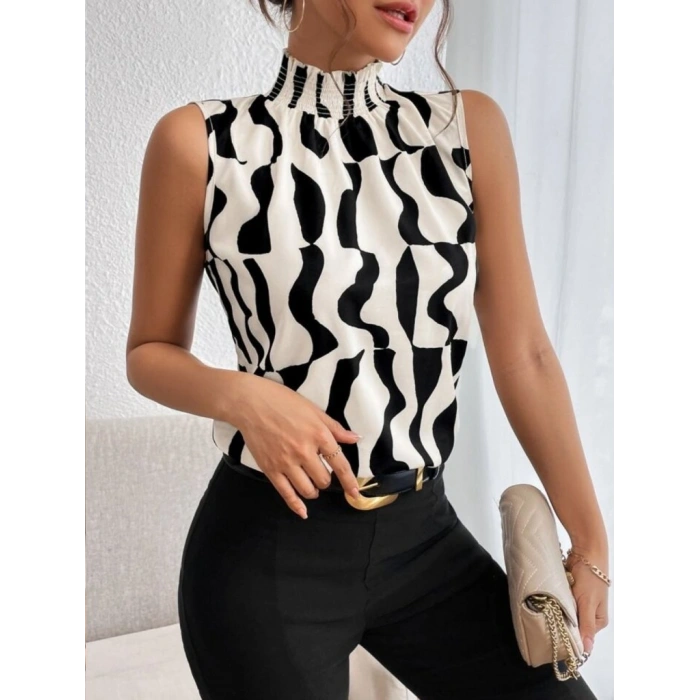 Kadın Kolsuz Balıkçı Yaka Desenli Süprem Bluz