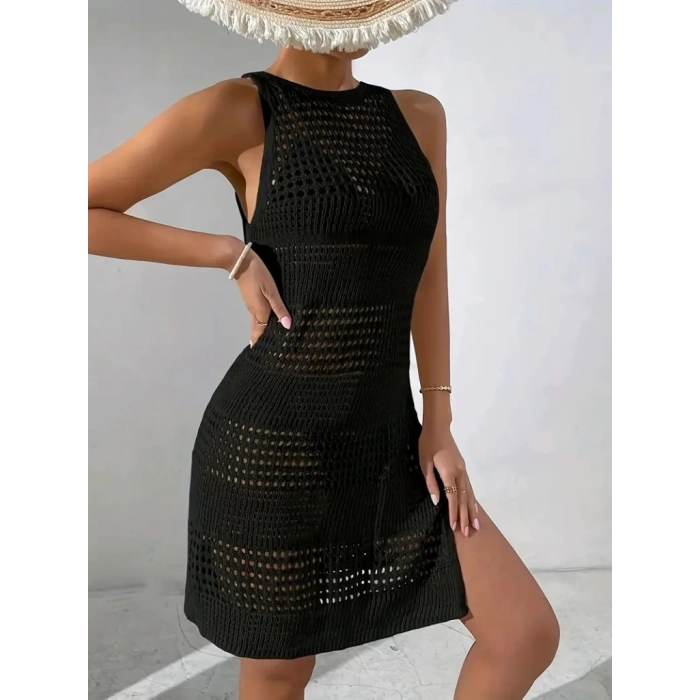 Kadın Kolsuz Derin Sırt Dekolteli Ajurlu Triko Pareo