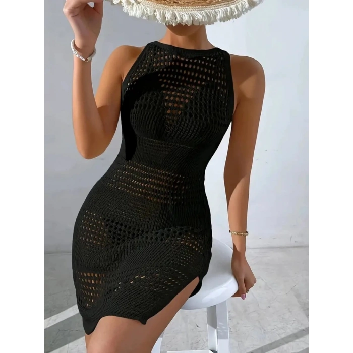 Kadın Kolsuz Derin Sırt Dekolteli Ajurlu Triko Pareo