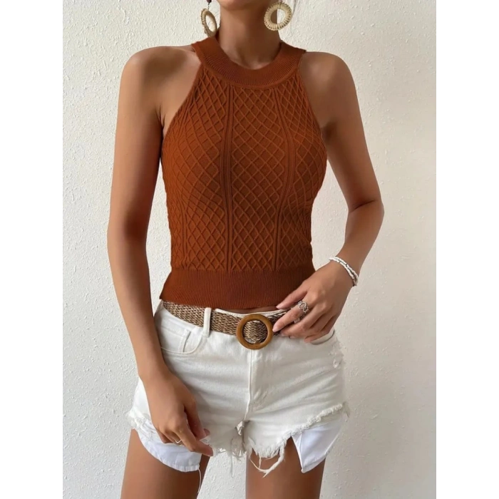 Kadın Kolsuz Halter Yaka Mini Baklava Desenli Triko Bluz