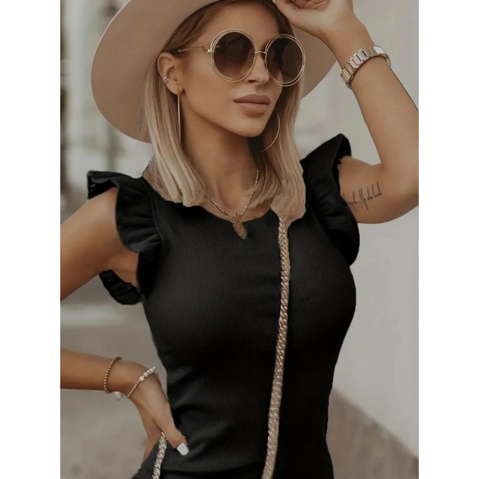 Kadın Kolsuz Omzu Volanlı Bisiklet Yaka Kaşkorse Mini Elbise