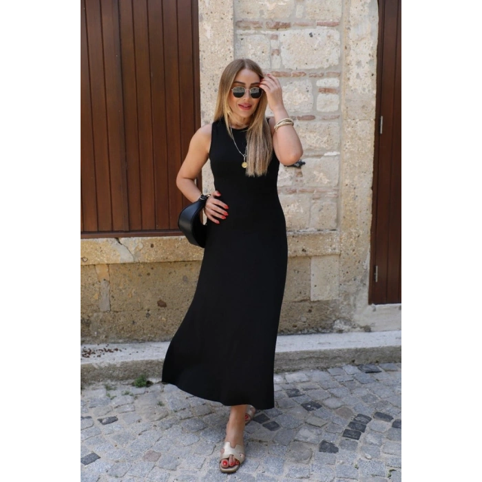 Kadın Kolsuz Sırttan çapraz Ip Detaylı Uzun Viskon Elbise