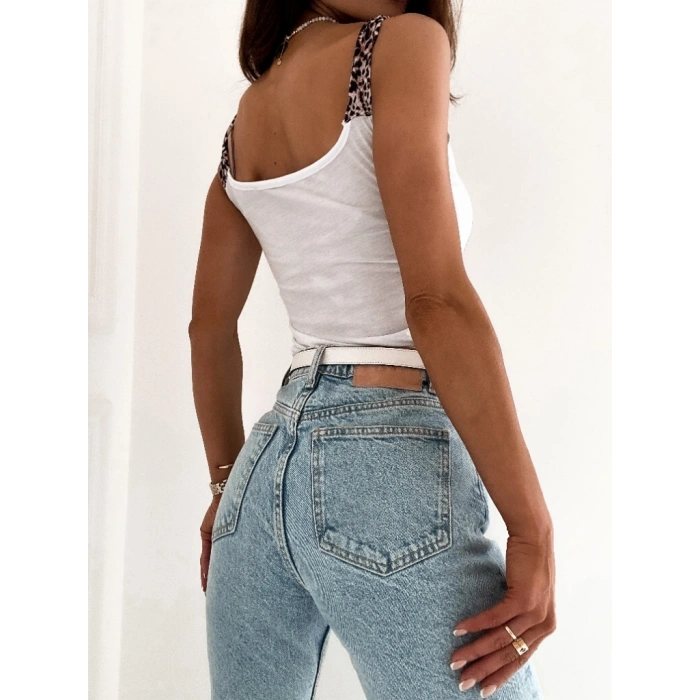 Kadın Leopar Askılı Leopar Baskılı Mikro Kumaş Bluz