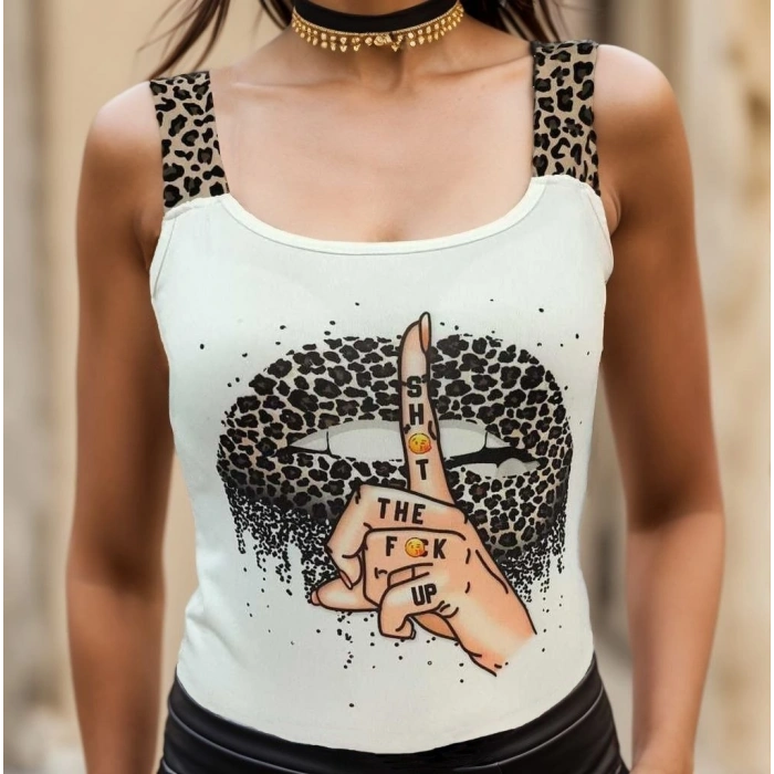 Kadın Leopar Askılı Leopar Baskılı Mikro Kumaş Bluz