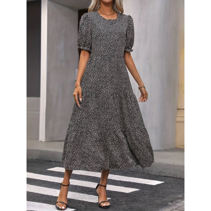 Kadın Mini Leopar Desen Midi üç Kat Elbise