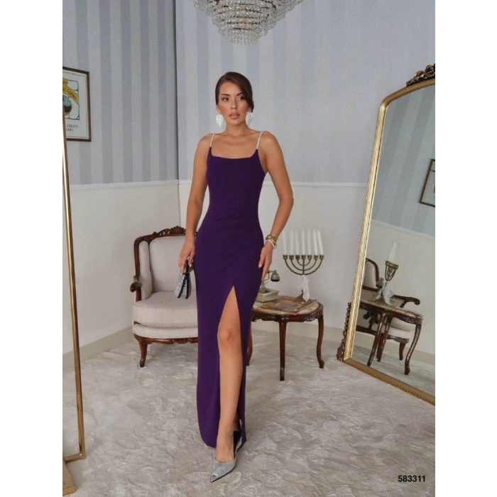 Kadın Omuz Askılı Derin Yırtmaç Detay Maxi Boy Elbise