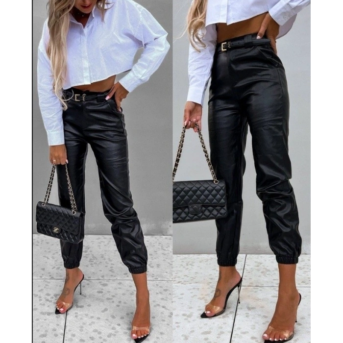 Kadın Pantolon Paçası Lastikli Deri Pantolon (kemersiz)