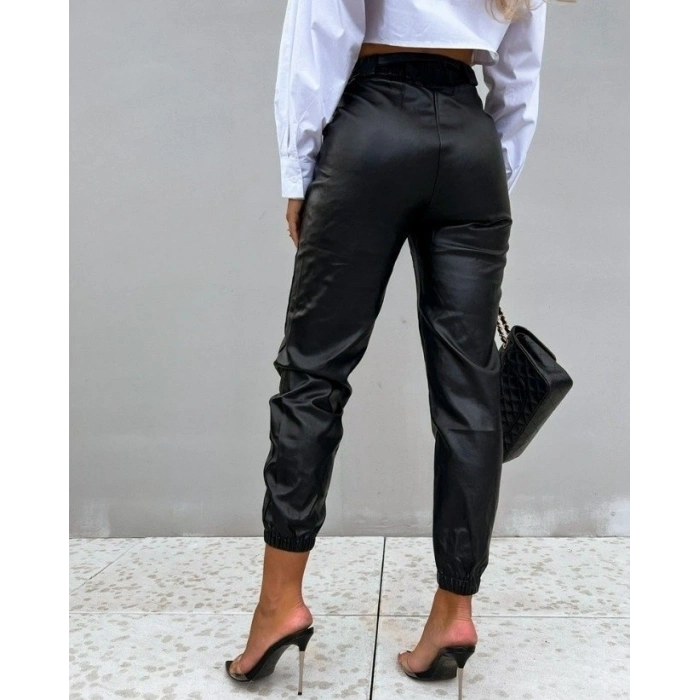 Kadın Pantolon Paçası Lastikli Deri Pantolon (kemersiz)