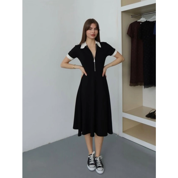 Kadın Polo Yaka Fermuar Detaylı Modal Midi Elbise