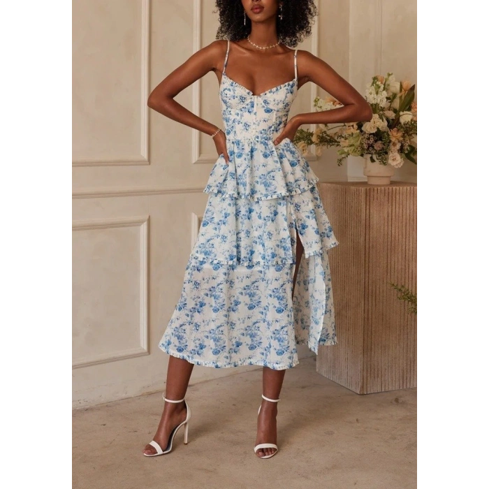 Kadın Sıfır Kol Askılı Dekolteli Yırtmaç Detay çiçek Baskılı Süprem Midi Elbise
