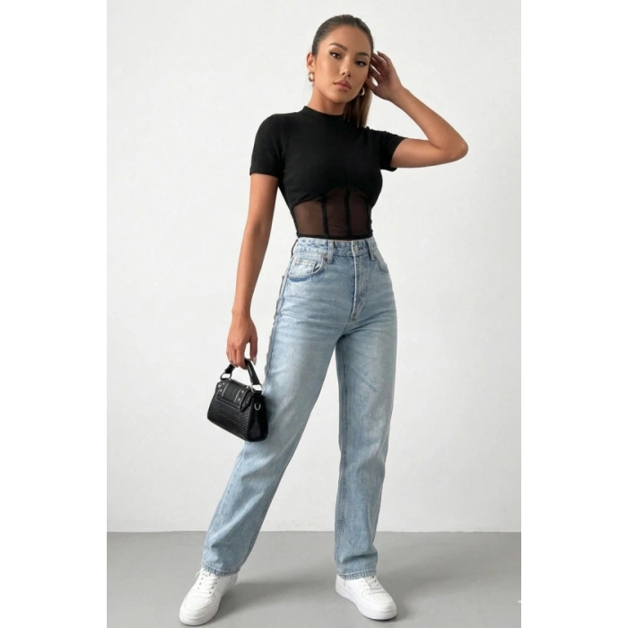 Kadın Transparan Detay Kısa Kol Kaşkorse Bluz