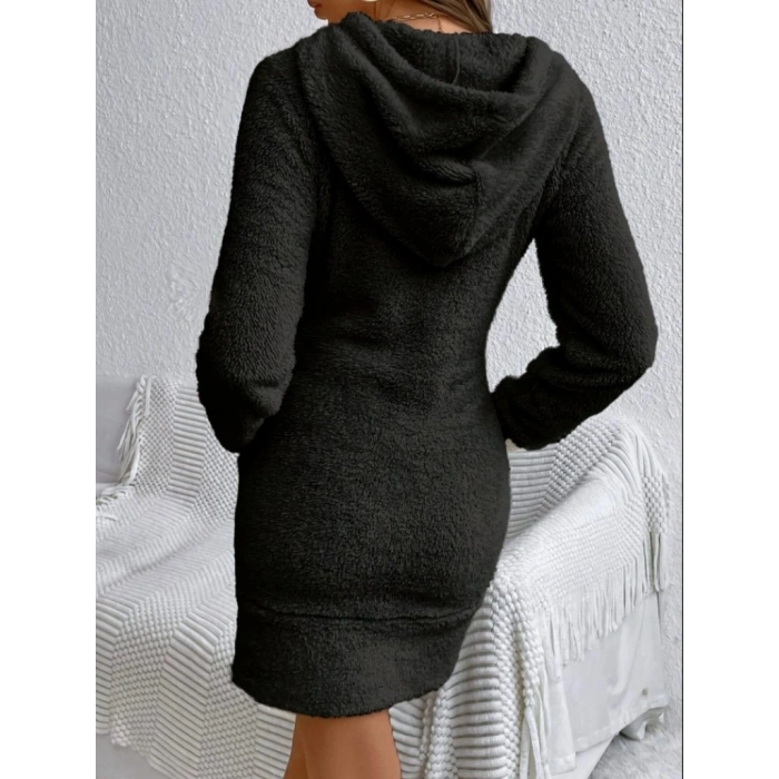 Kadın Uzun Kollu Kapşonlu Cepli Mini Peluş Elbise