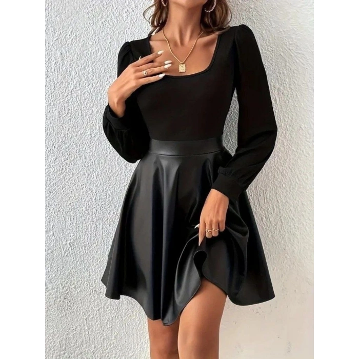 Kadın Uzun Kollu Kare Yaka üst Viskon Alt Deri Mini Elbise