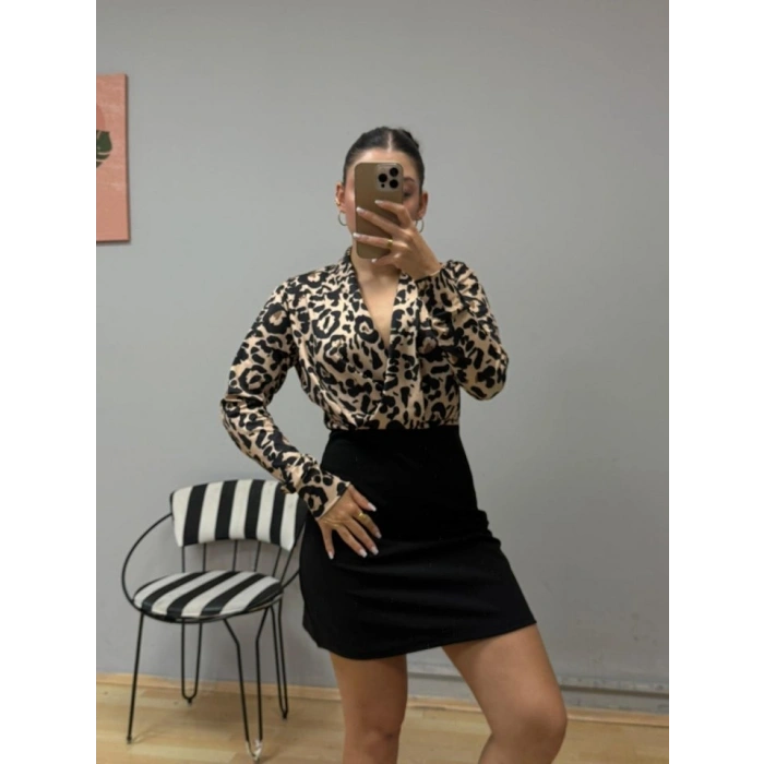 Kadın Uzun Kollu Kruvaze Yakalı üst Dalgıç Alt Ithal Krep Mini Elbise